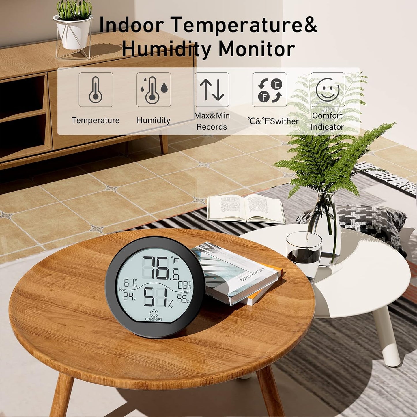 SECRUI Hygrometer Thermometer for Room Temperature Humidity Meter Indoor Thermometer Accuracy Calibration LCD Temperature Sensor with Maximum and Minimum Records, TH1, Black, 2 Pack