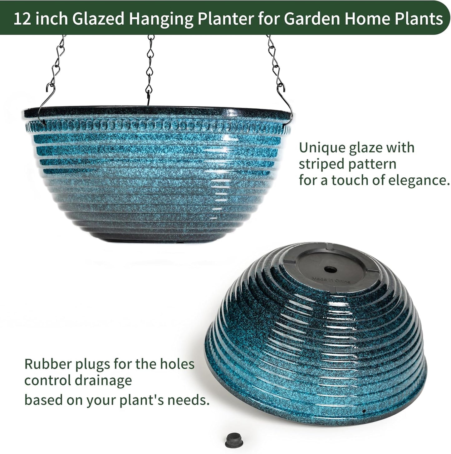 12 inch Hanging Planters for Indoor Outdoor Plants, 2 Pack Large Hanging Flower Pots with Drainage Holes and Chain, Glazed Hanging Baskets for Home Garden Decoration, Blue