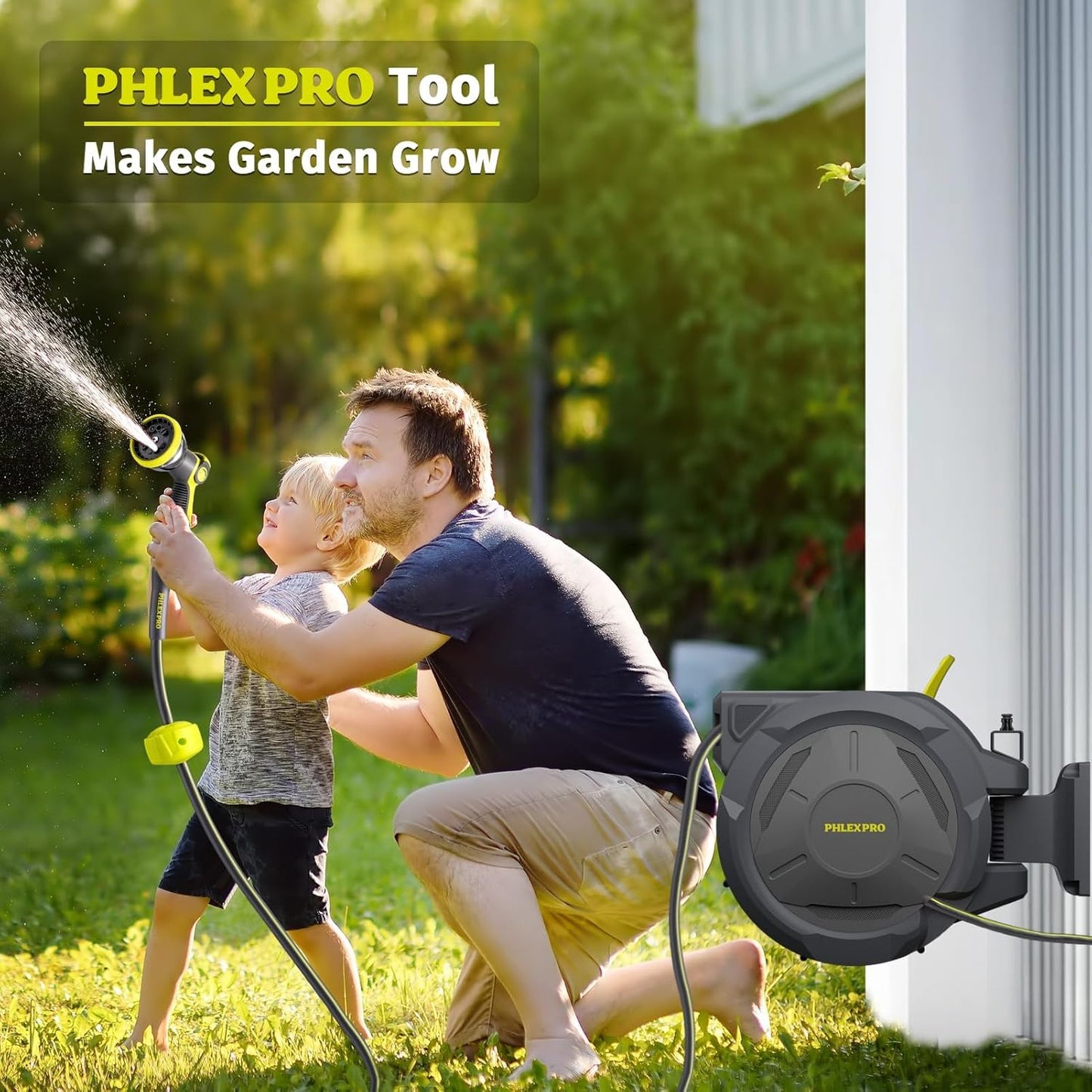 Retractable Garden Hose Reel 105FT, 1/2 inch Wall Mounted Hose Reel with Full Brass Fittings, 10 Patterns Spray Nozzle, Any Length Lock, 180° Automatic Rewind