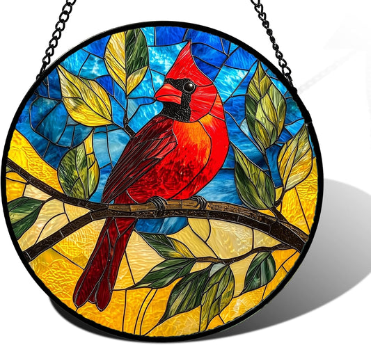 Stained Glass Window Hanging, Blue Sky Cardinal Sun Catchers Colorful Glass Panel Red Birds Suncatcher Decor for Birthday for Women, Men, Wife, Aunt, and Mom 11.8x11.8 in