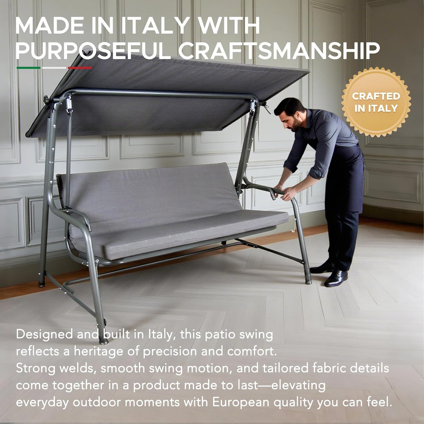 SUNJOY 3-4 Seat Luxury Outdoor Porch Swing, Steel Patio Swing with Elastic Metal Mesh Seat, Convertible Design, Cushion and Adjustable Canopy for Garden, Poolside, Backyard, Grey - Made in Italy