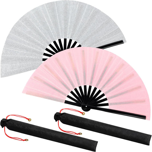 Maitys 2 Packs Large Clap Fans for Line Dancing Large Chinese Folding Hand Fans for Men and Women, Festival, Tai Ji, Kungfu, Martial Art, Gifts (Glitter Silver and Pink)