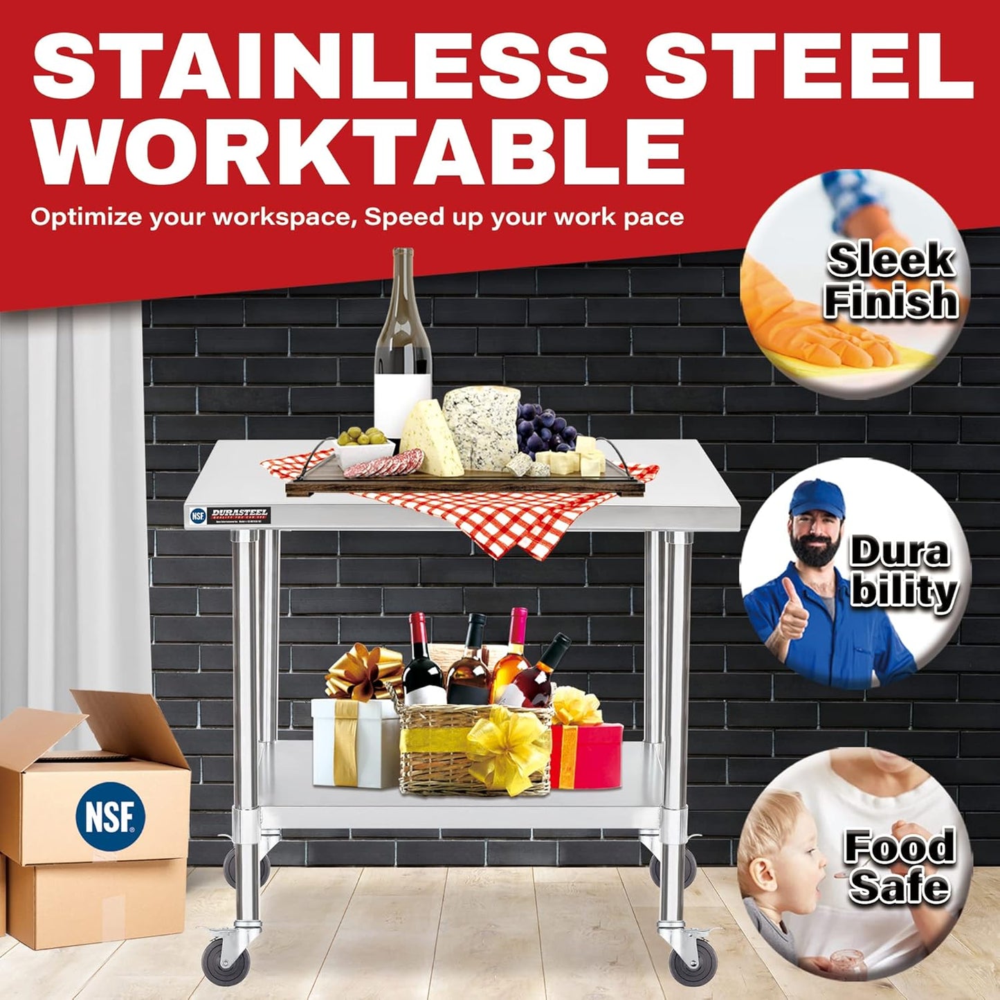 DuraSteel 30x36 NSF Stainless Steel Cart Work Table - Heavy Duty Rolling Food Prep Table Countertop Island - Metal Utility Cart on Wheels Caster, Grill Stand Storage Outdoor Kitchen Tables Bar Top
