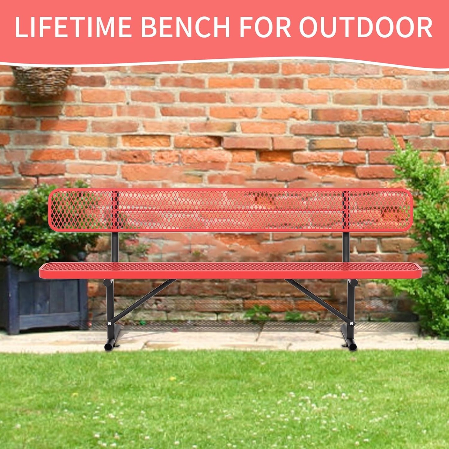 8 Feet Heavy Duty Metal Park Bench for Outside, Outdoor Bench with Backrest & Portable Frame, Commercial Benches for Shopping Malls, Stores, Parks, Patios, Decks, Red