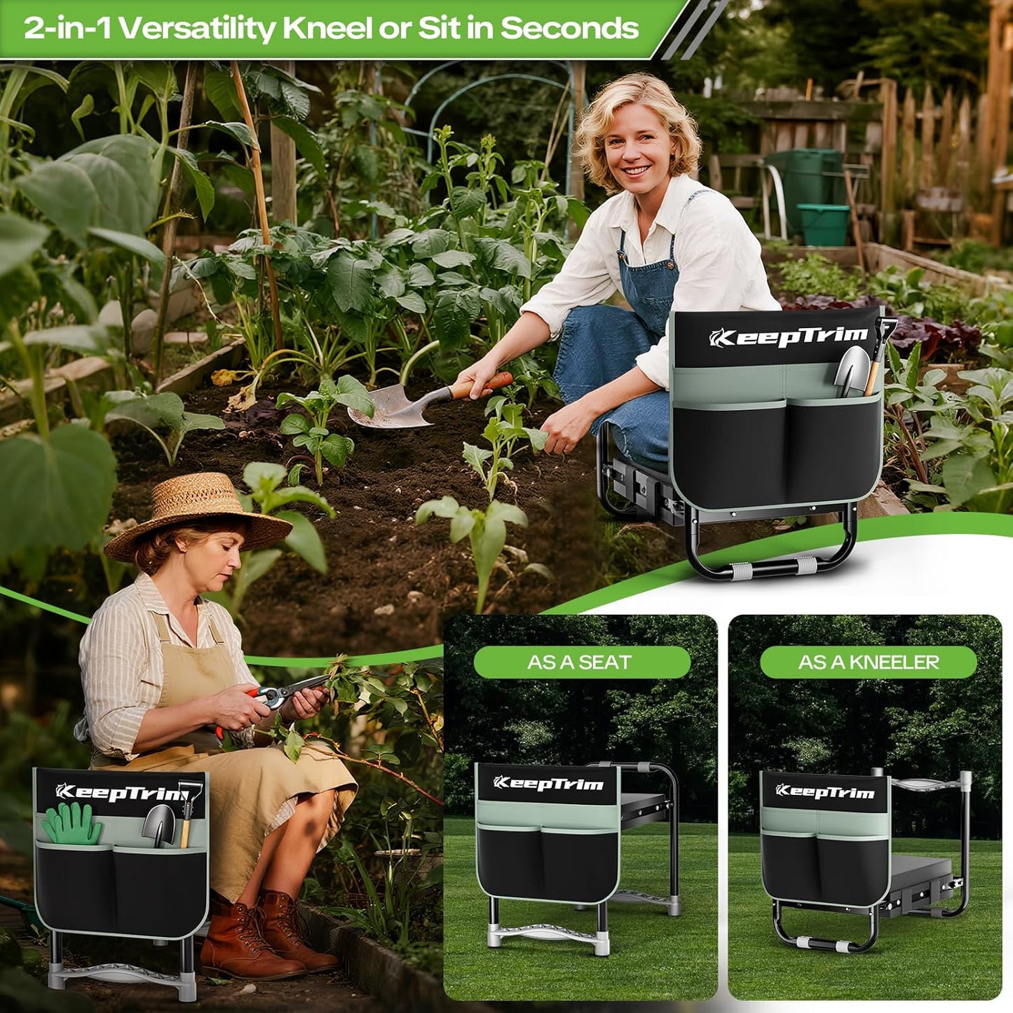 Garden Kneeler and Seat, Foldable Ergonomic Kneeling Bench with Tool Pouch 400 Lbs Heavy Duty 2-in-1 Comfortable Cushioned Kneeling Chair for Gardening Yard Work