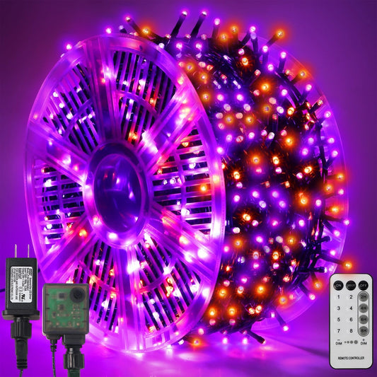 WATERGLIDE 1000 LED Halloween String Lights, 328 FT Green Wire LED Decorative Fairy Lights with Remote & 8 Modes, Waterproof for Outdoor Xmas Holiday Party Garden Wedding Home Decor, Orange & Purple