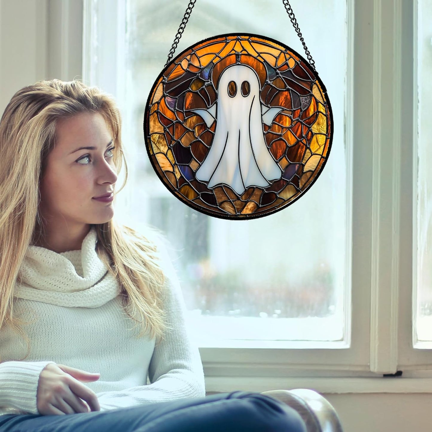 Stained Glass Window Hanging Halloween White Horror Ghost Large 15" - Suncatcher Door Garden Kitchen Sun Catcher Home Gothic Decor Birthday for Mom Men Woman Friend Grandma