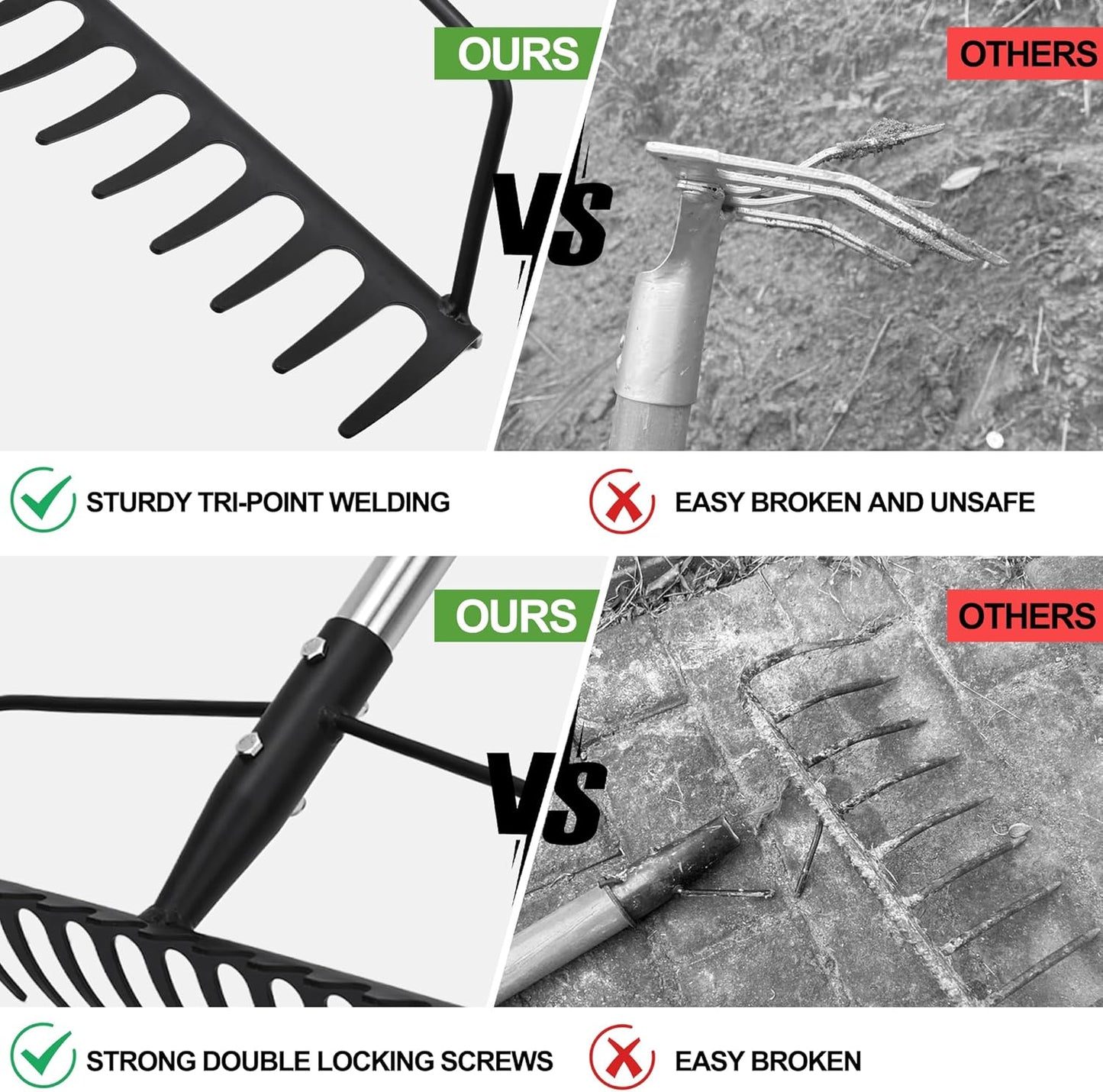 Garden Rake, Metal Sturdy and Heavy Duty Metal Rake, 16-Tine Bow Rake with Adjustable Stainless Steel Handle, Long Shaft for Loosening Soil, Leveling Mulch, Gathering Leaves