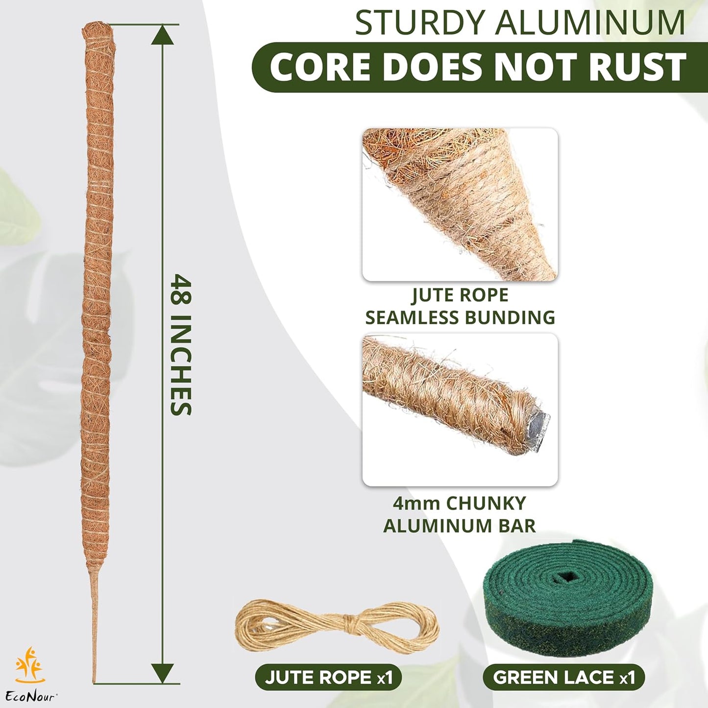 EcoNour Tall Moss Pole for Plants (1-Pack) 48-Inch | Large Monstera Plant Support for Climbing and Growth | Elevate Your Indoor Garden | Tall Plant Support for Indoor Potted Plants to Grow Upwards