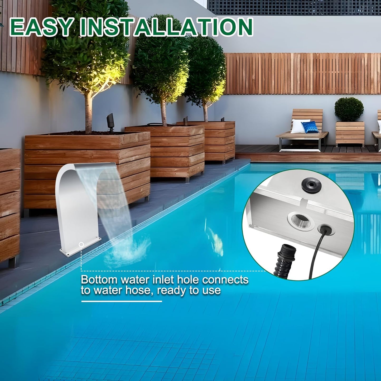 S-Shape Waterfall Spillway Ground Pool Fountain, LONGRUNNEW 304 Stainless Steel Outdoor Water Feature 24.13'' x 9.37'' x 15.39'' for Garden Decor, Landscape Accents & Patio Pond Water Feature-Large