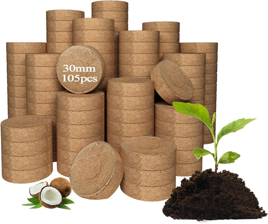 105 Pcs 30mm Compressed Coconut Coir Potting Soil,Coco Coir Pellets for Plants,Coco Fiber Pellets for Planting, Garden, Bonsai, Vegetables & Flower