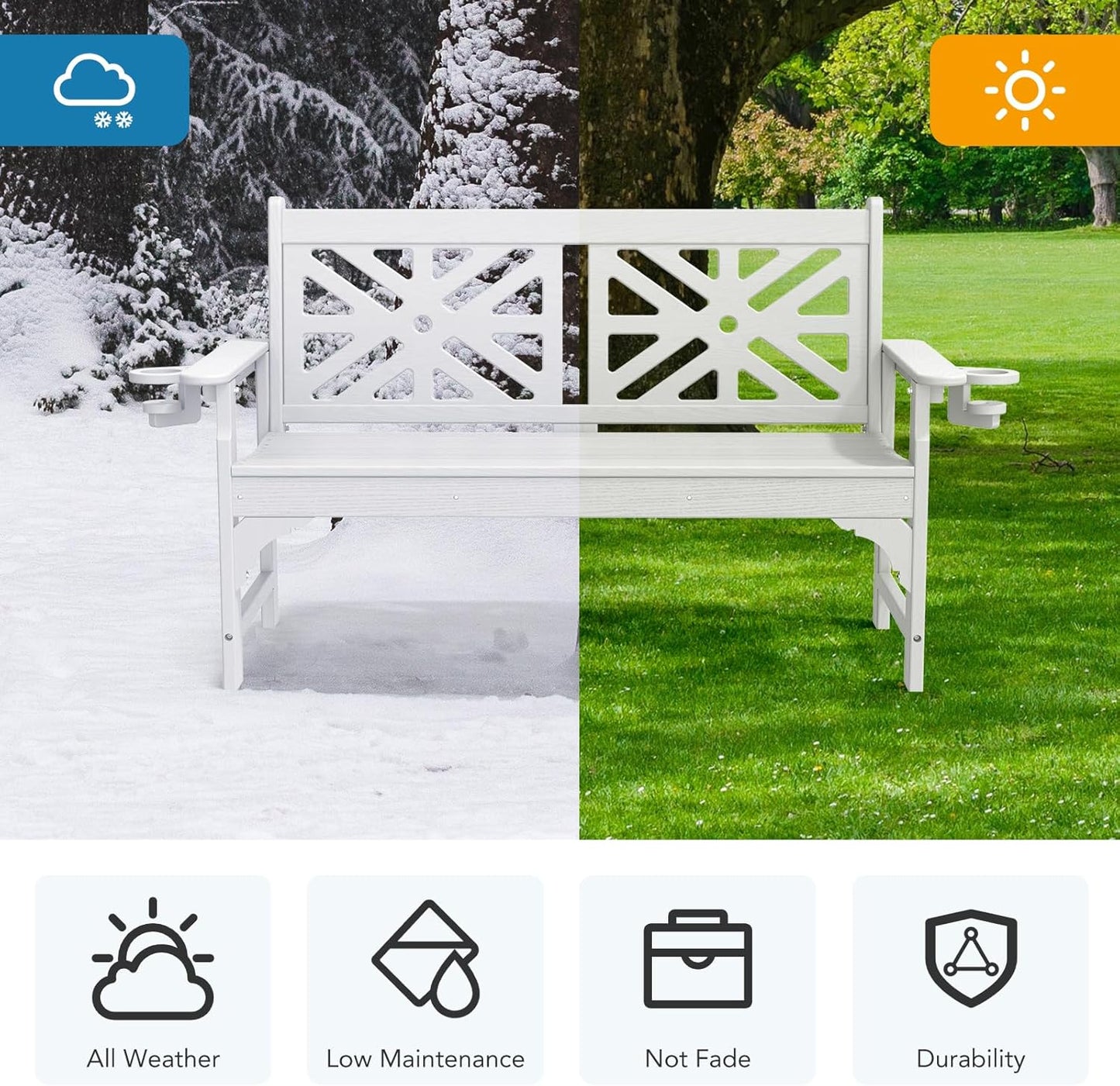 Oversized Outdoor Bench with Cup Holders, 51.5” HDPE Aesthetic Garden Bench for 2 Person, Memorial Benches - Easy Assembly & All Weather, for Porch & Patio, 800lbs Load Capacity (White, 1pc)