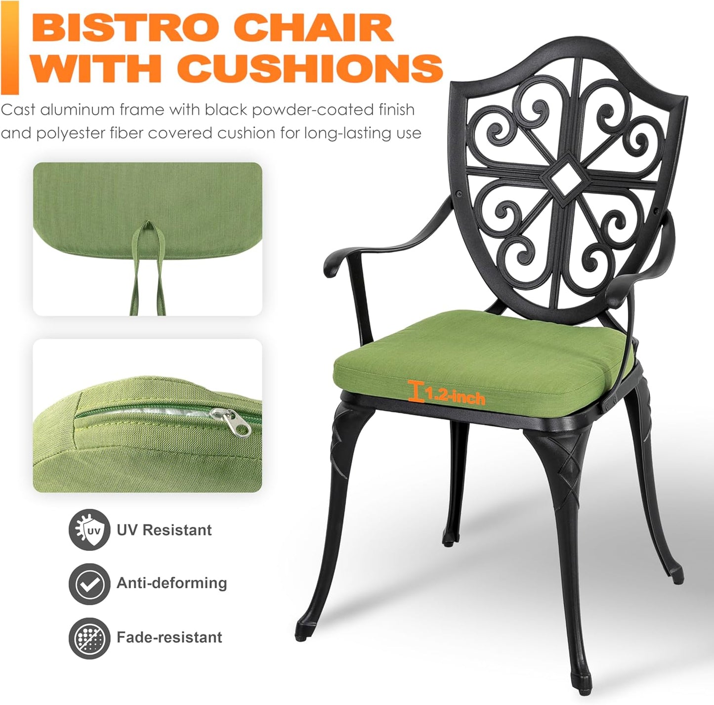 NUU GARDEN Outdoor 3-Piece Bistro Set with Cushions, Round 24 Inch Cast Aluminum Bistro Table with 2.17" Umbrella Hole, 2 Cast Aluminum Bistro Chairs, for Patio, Garden, Backyard and Balcony, Black