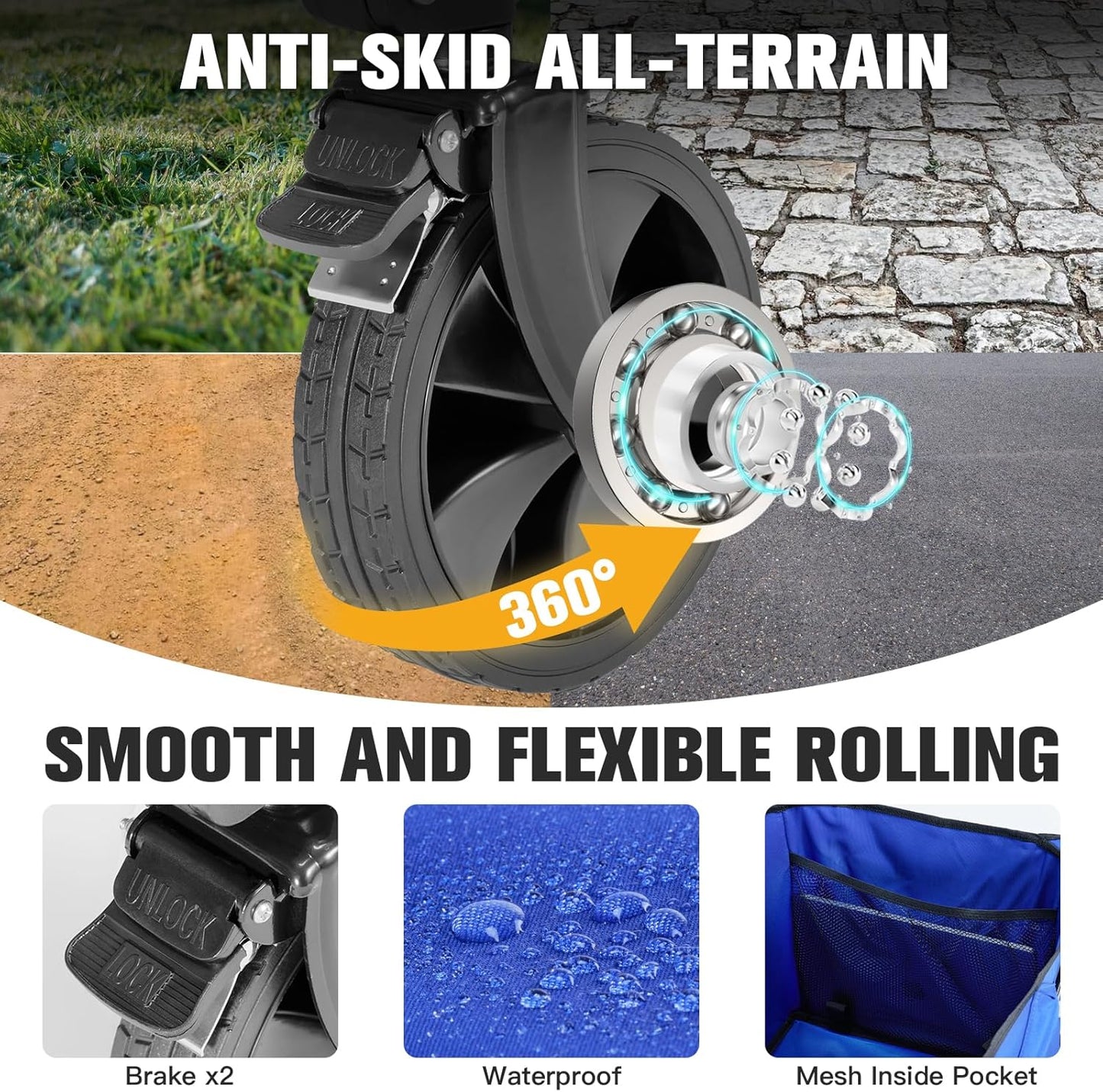 Wagon Cart Shopping Foldable Folding Collapsible with Wheels Big On Beach Garden Outdoor Grocery Heavy Duty Utility All Terrain Portable Wagons Carts for Groceries Sand Camping Sports Blue