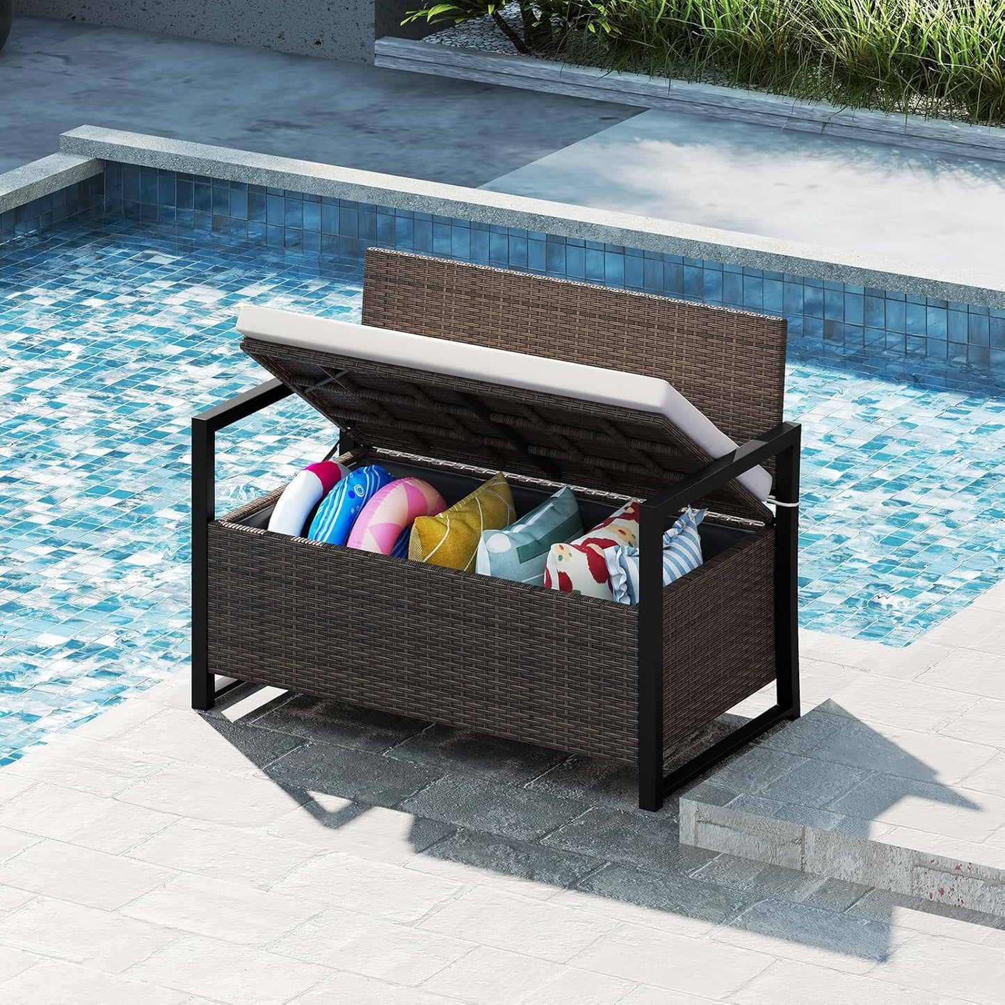 Tangkula 40 Gallon Outdoor Bench with Storage, Patio Wicker Storage Bench with Cushion, Cover, Metal Frame, Deck Box Seat for Backyard, Poolside, Balcony, Garden