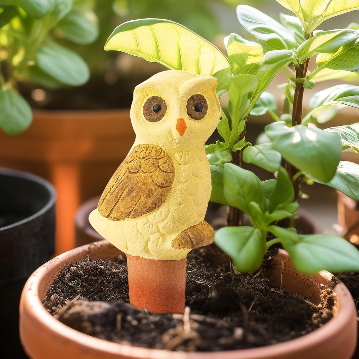 4 Pack Handmade Terracotta Owl Watering Spikes and Globes, Self-Watering Plant Devices with Slow Release System for Continuous Moisture, Perfect Water Bulbs for Indoor and Outdoor Plants Vacation Use