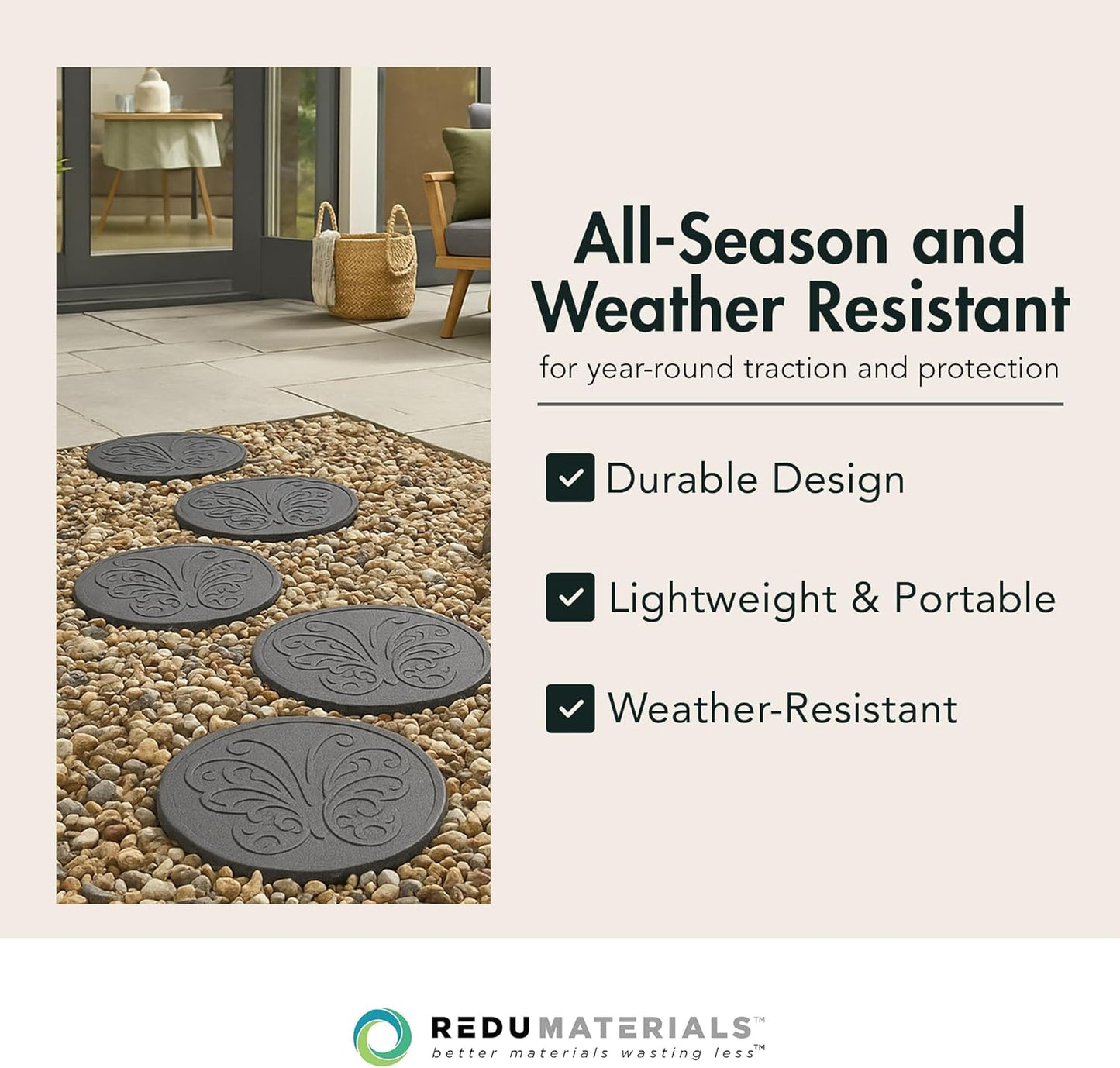 Garden Central 4-Pack 18”x18” Fake Butterfly Rubber Stepping Stones, Round, Grey – Reversible Non-Slip Outdoor Faux Decorative Set for Landscaping – DIY Decor for Walkways & Yard Pathways