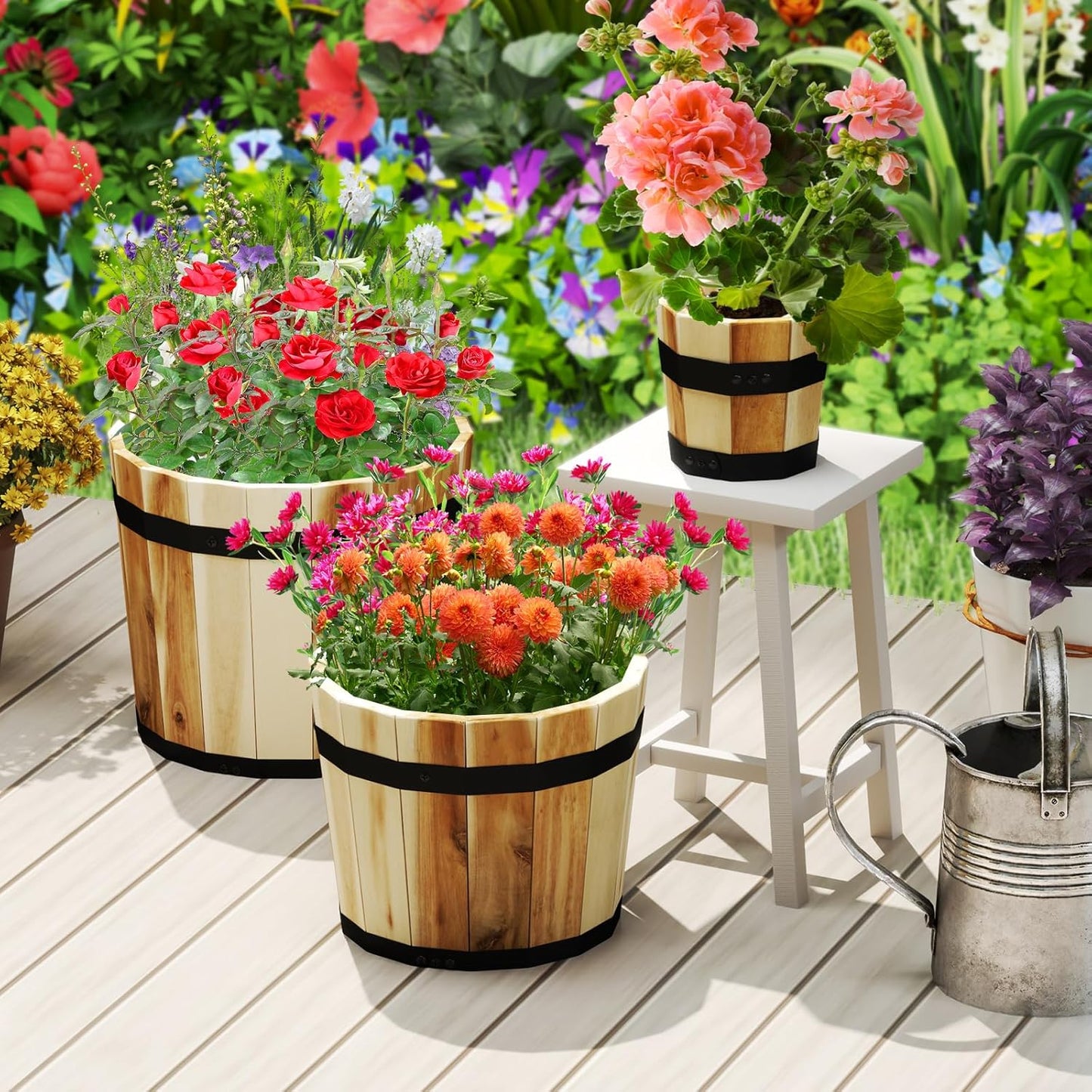 HAPPYGRILL Wooden Plant Pots, 3 Solid Acacia Wood Whiskey Barrel Planters w/Drainage Holes for Flower Herb Shrub, Multi Sizes Indoor Outdoor Patio Planting Flower Pots Home Decoration