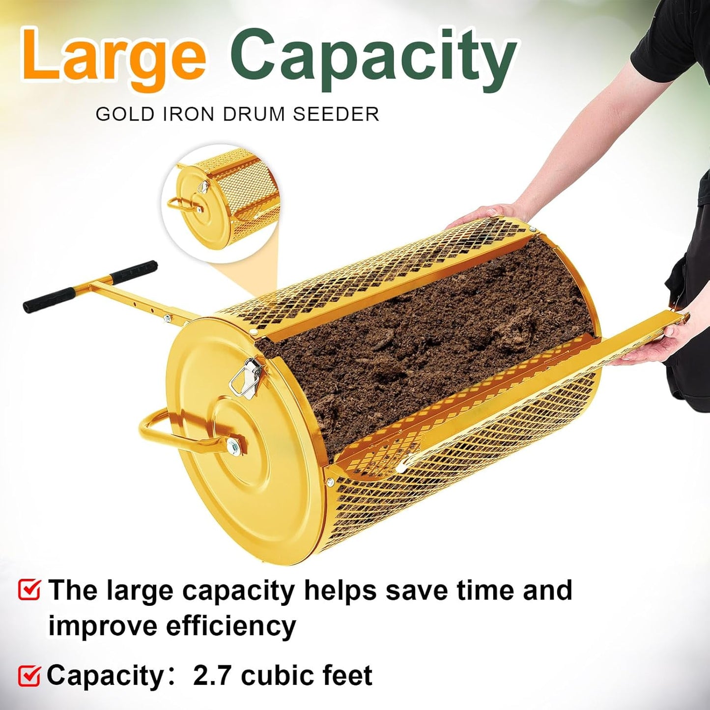 Hiboom 24 Inch Compost Spreader, Peat Moss Spreader, Manure Roller with Adjustable T Shaped Handle, Lightweight Metal Mesh for Lawn Garden Spreading Manure Topsoil (Gold)