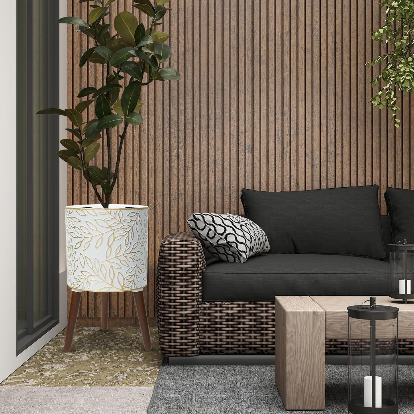 12inch Plant Pots with Wood Planter Holder Indoor Flower Pot with Gold Floral Embossed Modern Planters with Drainage Holes for Living Room, Office, Garden or Balcony