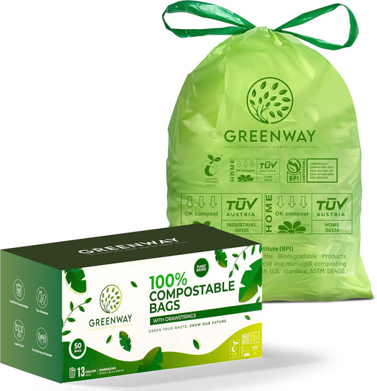 GREENWAY 13 Gallon Compostable Trash Bags Drawstring, 50 Bags, Heavy Duty Extra Thick 0.90 Mil, Tall Kitchen Food Scrap Waste Bags, US BPI and Europe OK Compost Home Certified