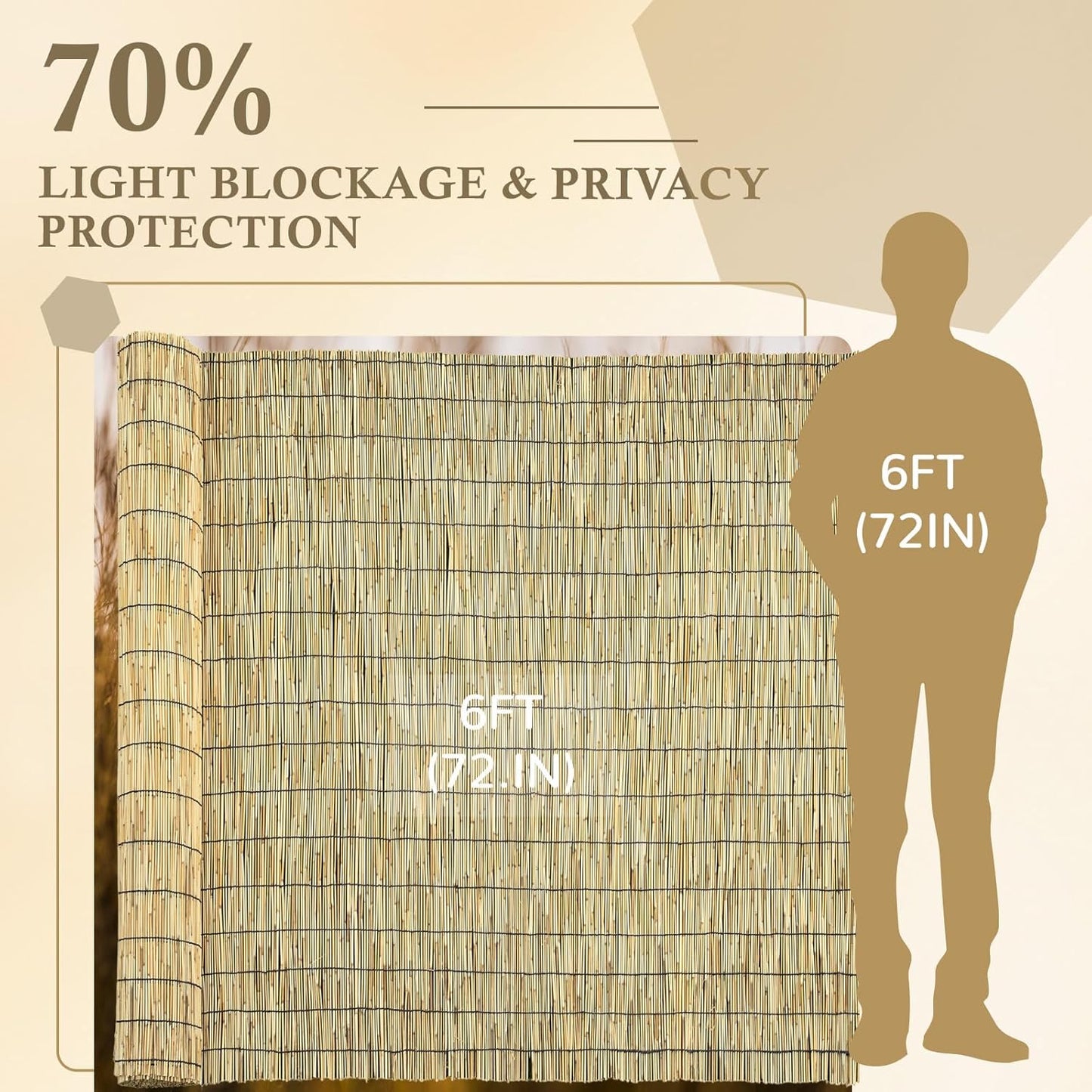 Natural 6FT X 16.4FT Reed Fencing Roll, Balcony Privacy Shade Reed Bamboo Fencing Garden Fence Border, Wind Block Sunshade Fence Screen for Outdoor Yard Patio Flower Bed Edge