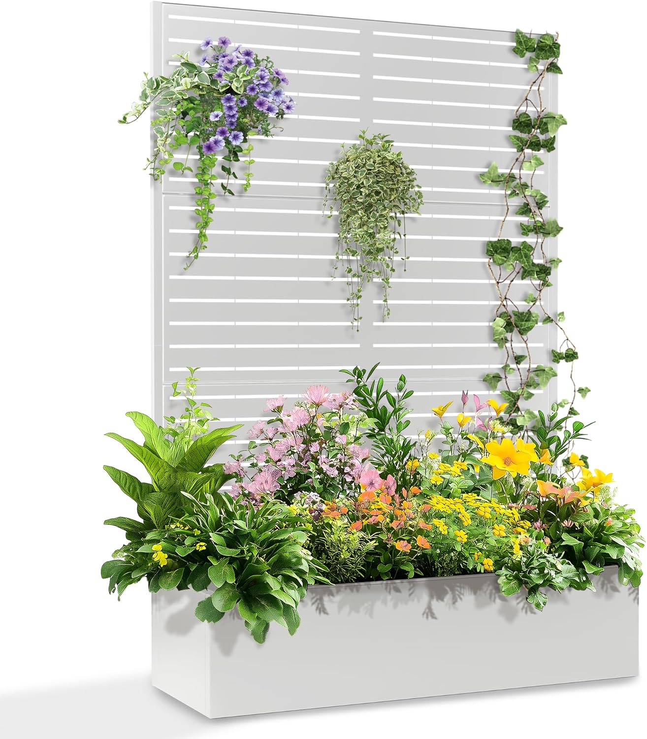 71"x47"x16" Metal Planter Box with Trellis Raised Garden Bed with Trellis, Trellis with Planter Box & Privacy Screen, Metal Planter Box for Climbing Plants, Vegetable, Vines(White, Louvered)
