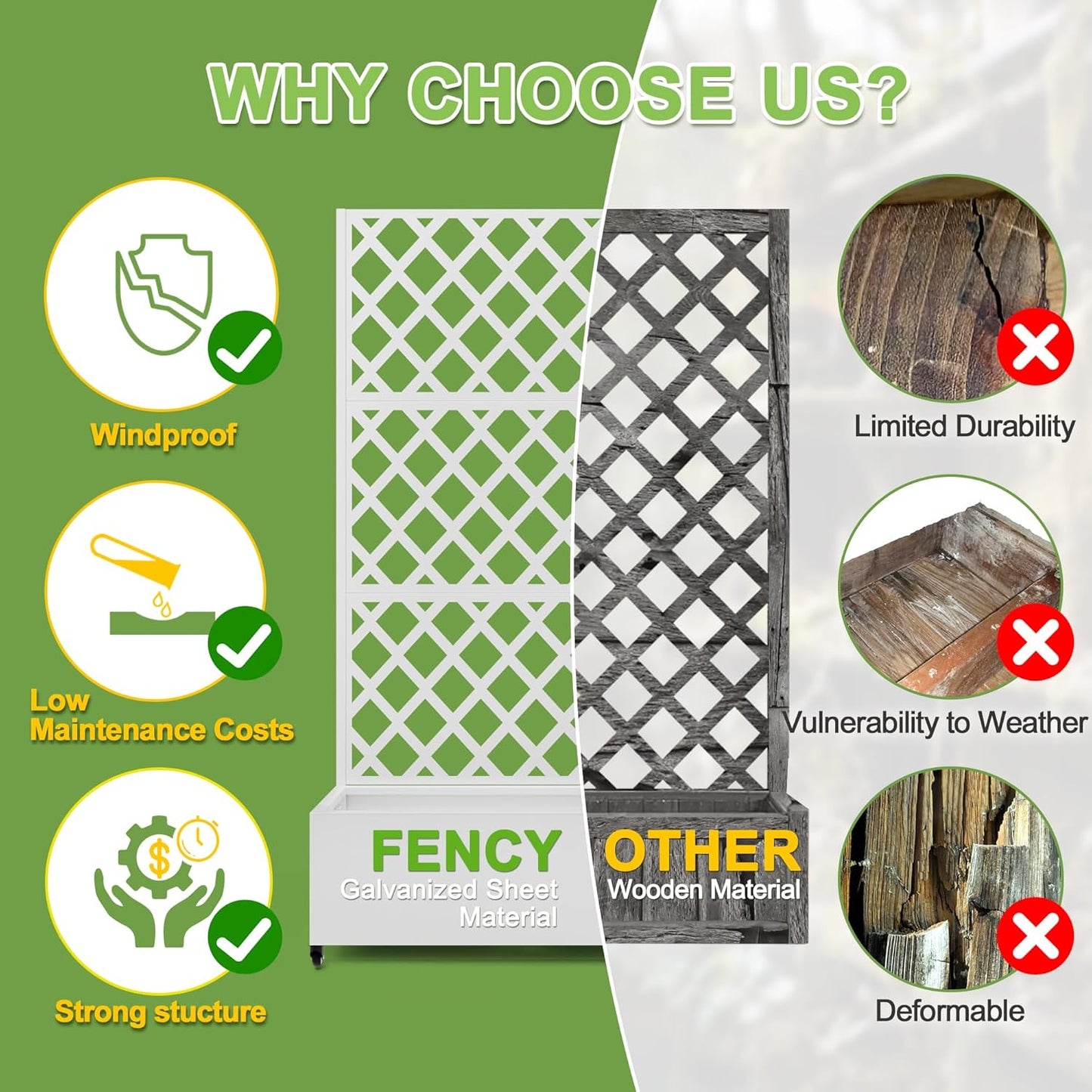 FENCY Metal Planter Box with Diamond Lattice Trellis Planter Box for Climbing Plants/Vines, Galvanized Raised Garden Bed On Wheels, Garden Bed with Trellis(73"x35" White)