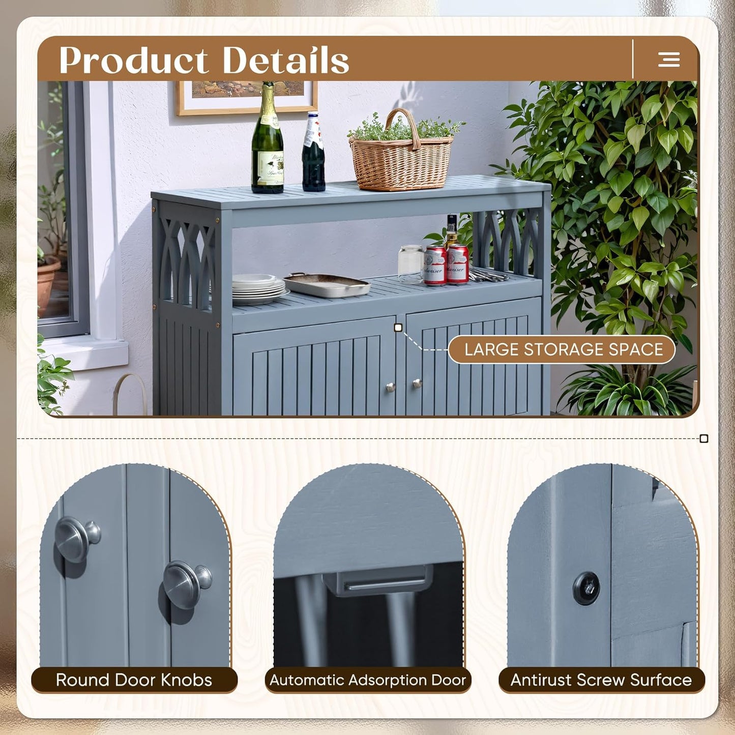Flamaker Acacia Wood Cabinet with 2 Magnetic Doors - Weatherproof Outdoor Storage, Buffet, TV Stand, Bar, Potting Table (Grey)