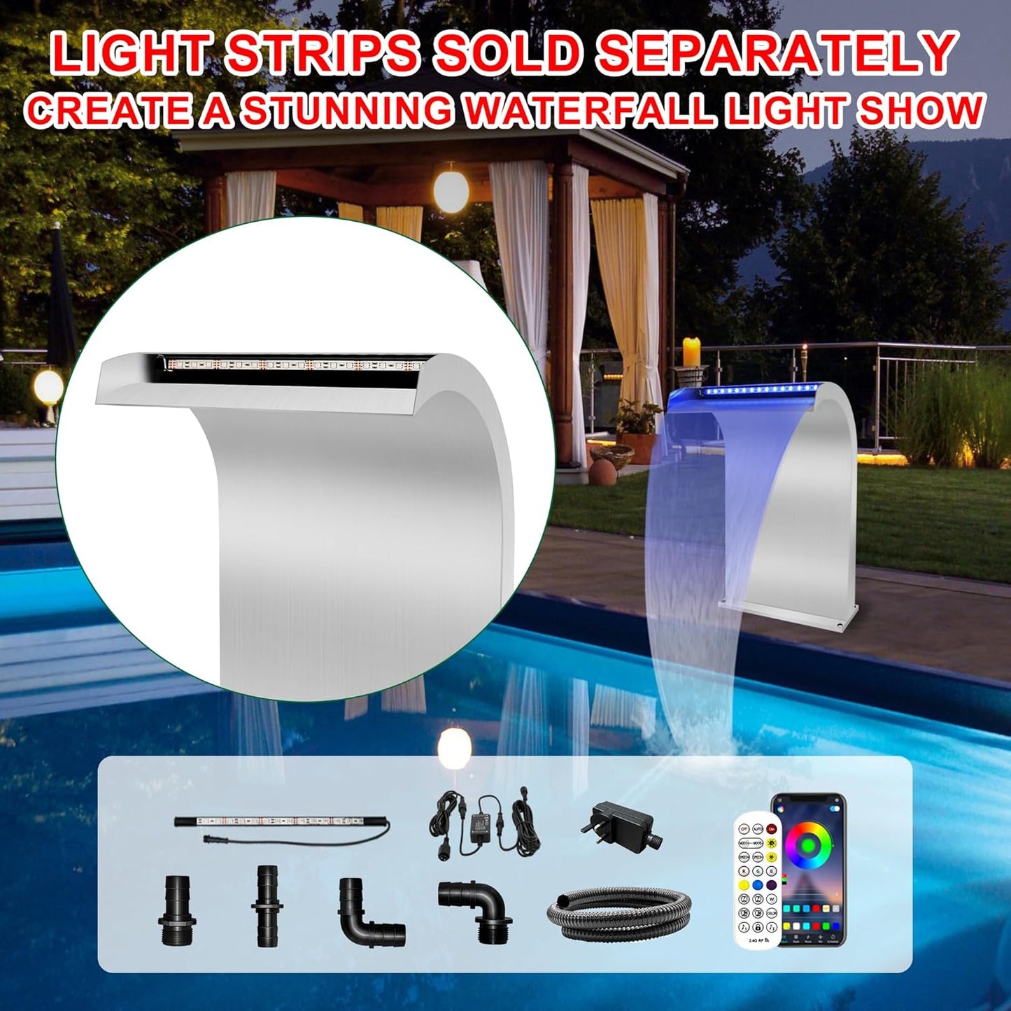 S-Shape Waterfall Spillway Ground Pool Fountain, LONGRUNNEW 304 Stainless Steel Outdoor Water Feature 24.13'' x 9.37'' x 15.39'' for Garden Decor, Landscape Accents & Patio Pond Water Feature-Large