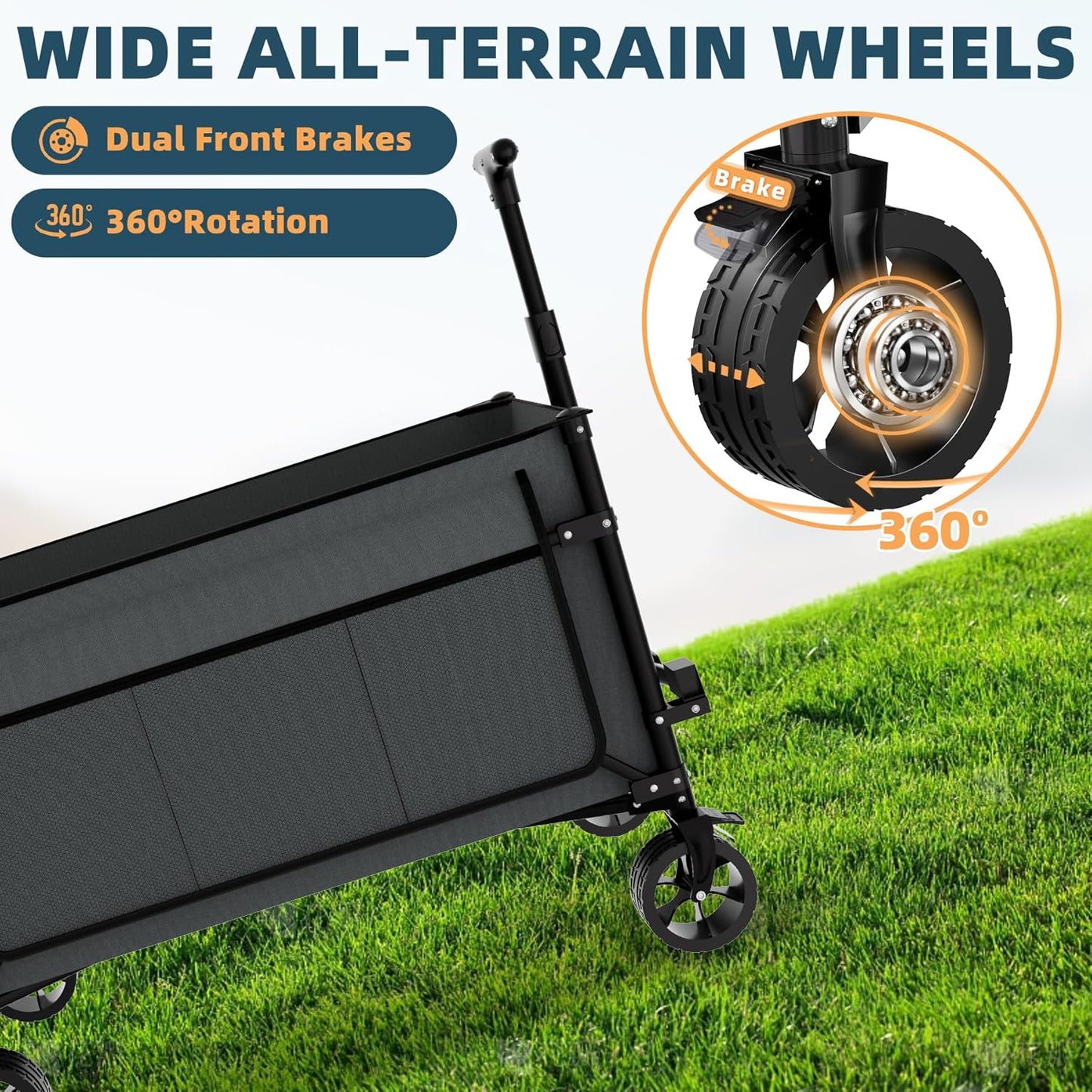 Favoyard Collapsible Wagon Carts Foldable 150L & 360LBS Portable Folding Wagons with All-Terrain Wheels & Brakes Heavy Duty Outdoor Utility Cart for Beach Grocery Camping Shopping Sports Garden, Grey