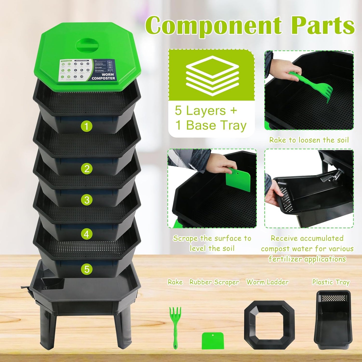 5-Layer Tray Worm Composter, Sustainable for Both Indoor & Outdoor, Worm Compost Bin for Vermicomposting Starter, Recycling Food Wastes