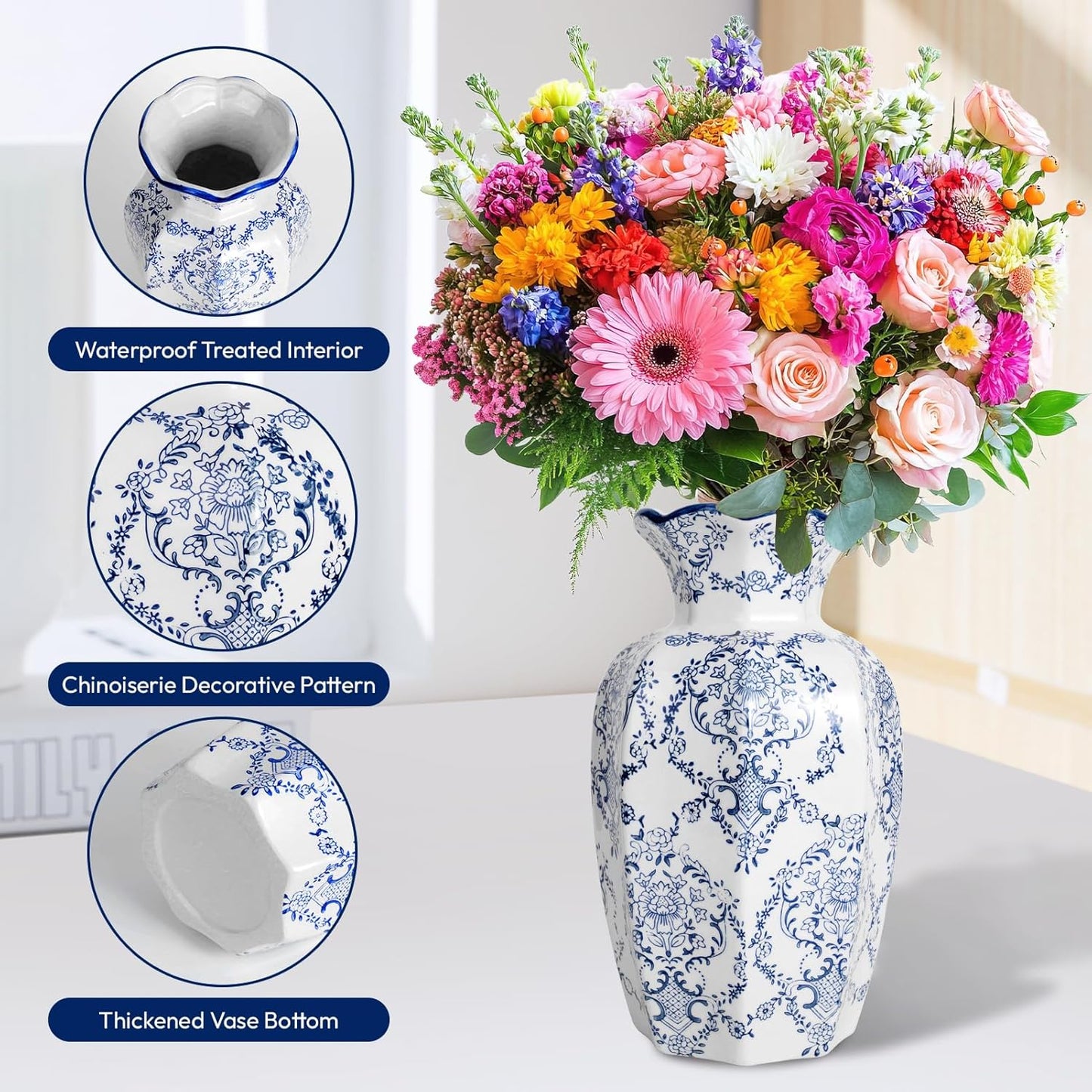 Chinoiserie Vase,Blue and White Vase,Vintage Ceramic Vases,Flower Vase for Centerpiece,Chinese Cute Vases for Living Room, Office,Home Decor (Blue White, Large)