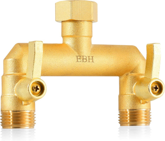 EBH Garden Hose Splitter, Full Flow Outdoor Faucet Splitter, 2-Way High Flow Brass Heavy Duty Hose Splitter with Long Metal Handle。