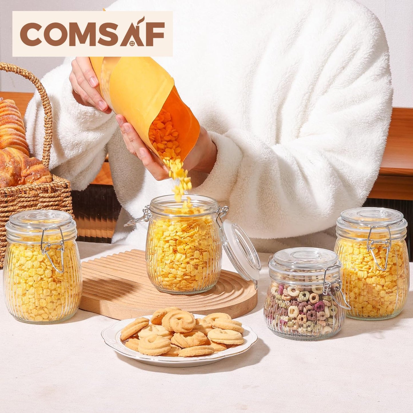 ComSaf Airtight Glass jar with lid 26oz Set of 6, Glass Storage Containers with Lids, Glass Canister, Mason Jars, Striped Clip Fastening Jar for Kitchen Canning, Oat, Coffee, Pasta, Snack, Nut, Candy