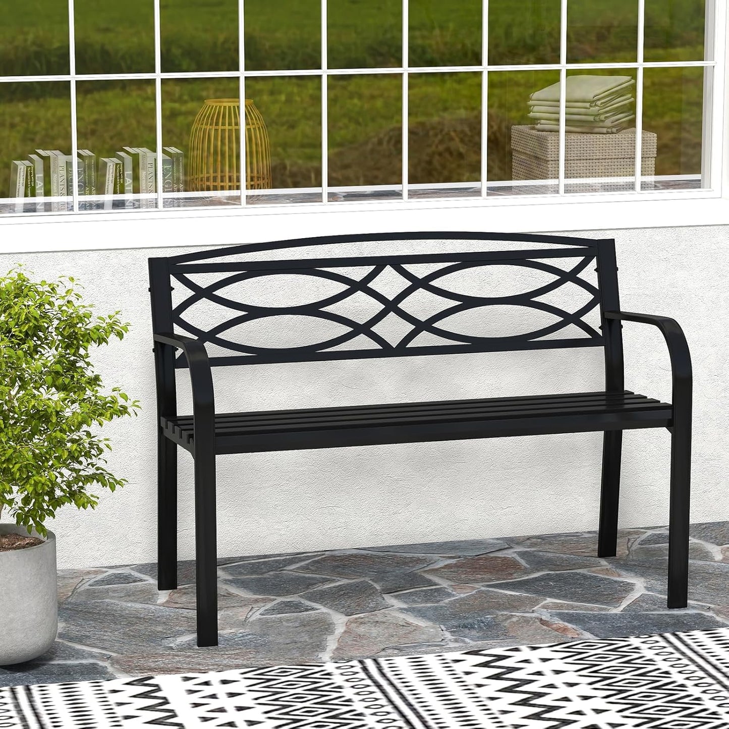 Tangkula Outdoor Metal Garden Park Bench, Heavy-Duty Metal Slatted Loveseat for 2 People with Curved Armrests & Backrest, Patio Park-Style Seating Furniture for Backyard, Poolside, Porch