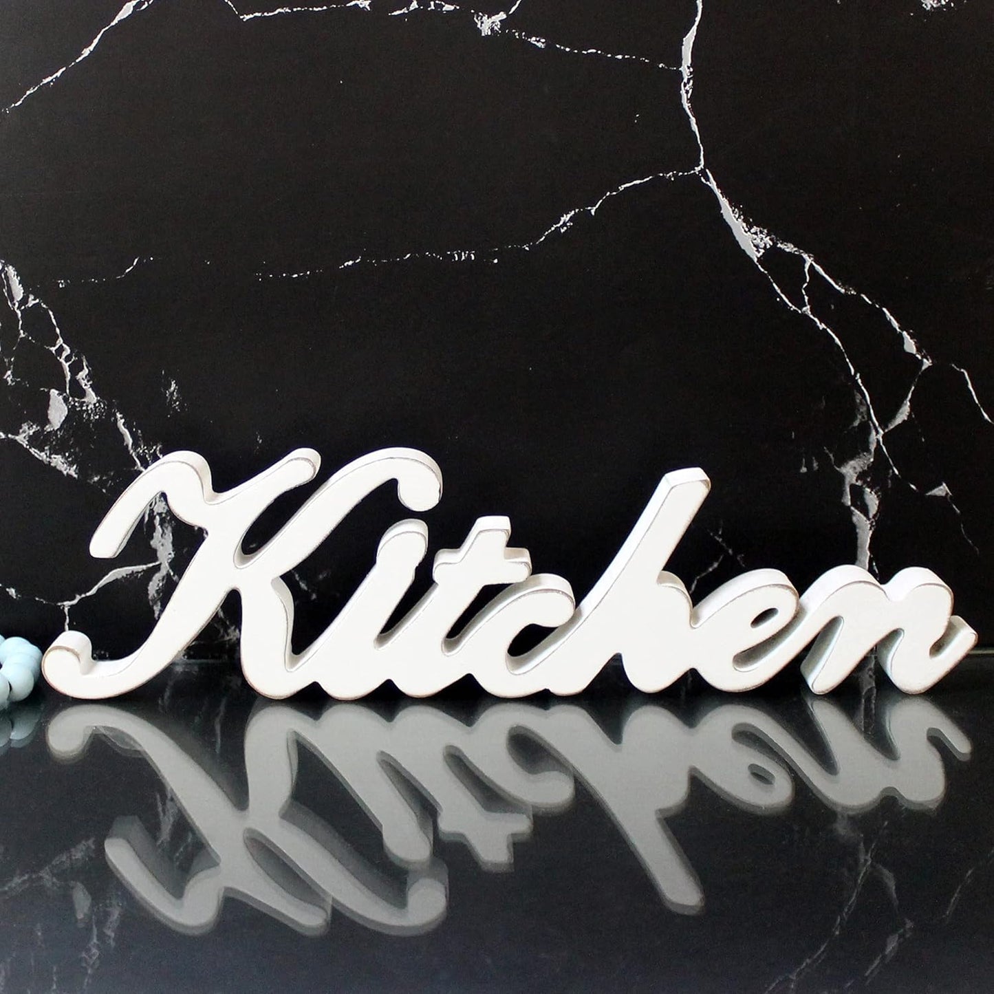 CVHOMEDECO. Rustic Vintage Distressed White Wooden Words Sign Free Standing "Kitchen" Desk/Table/Shelf/Door/Home Wall Decoration Art, 15-1/2 x 4-1/4 x 1 Inch