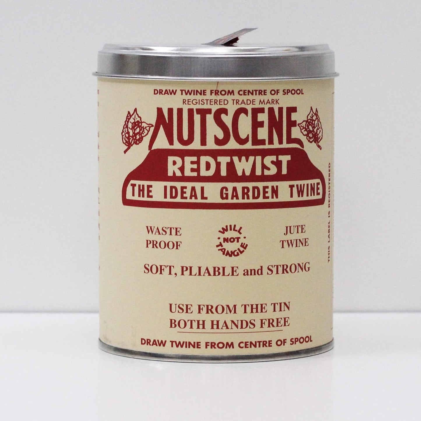 NUTSCENE Iconic Tin (Tin ‘O’ Twine) with Their Heritage Scottish Jute Twine and Hole in Top for Easy Dispensing. 14 Colors to Choose from. 164 Yards. (Red)