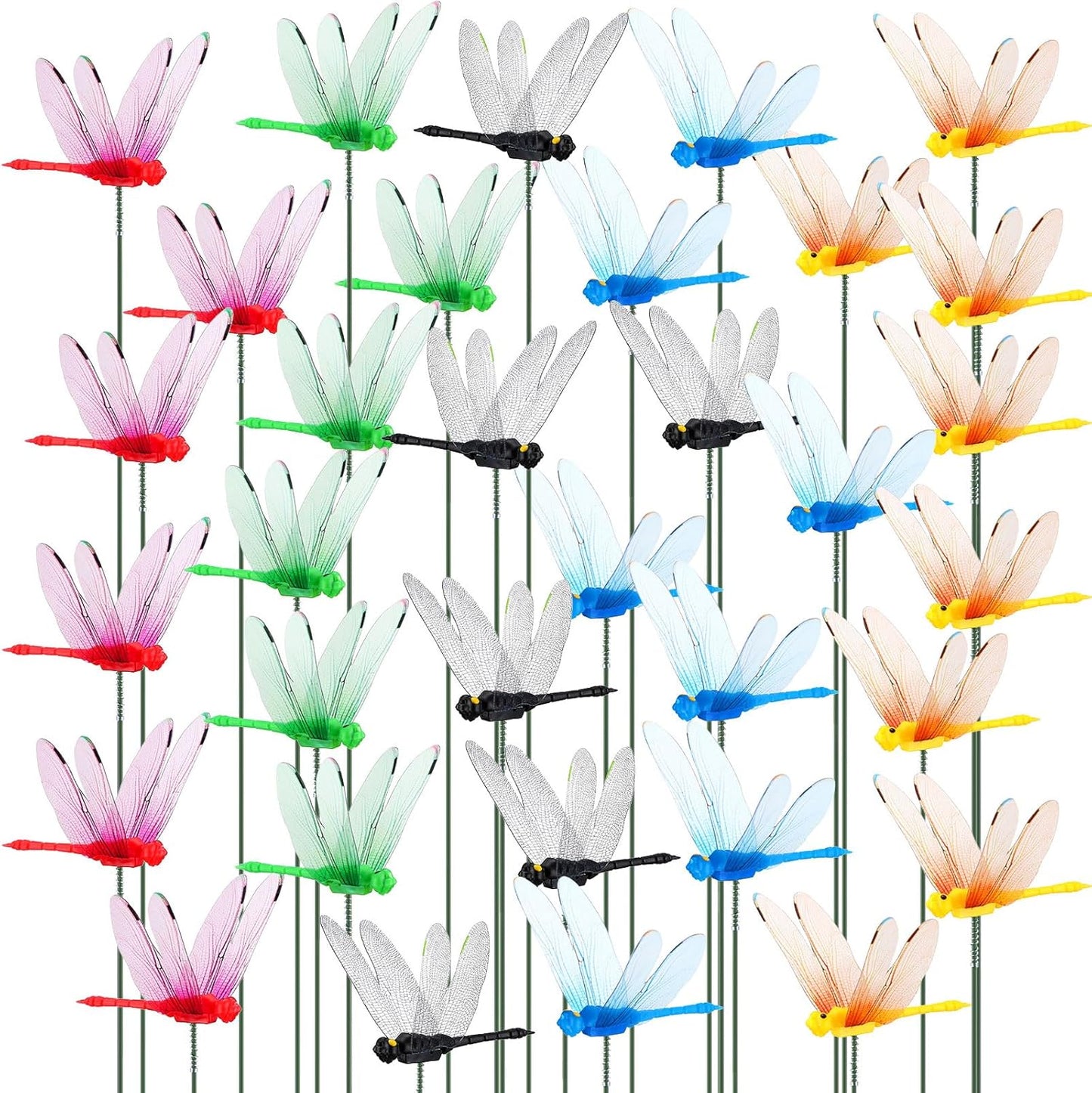 Leinuosen 100 Pcs 3.35" 3D Dragonfly Garden Stakes, Long Dragonfly Stakes Garden Decor Indoor Outdoor Yard Ornaments Flower Pot Patio Decoration(Red, Yellow, Blue, Green, Black)