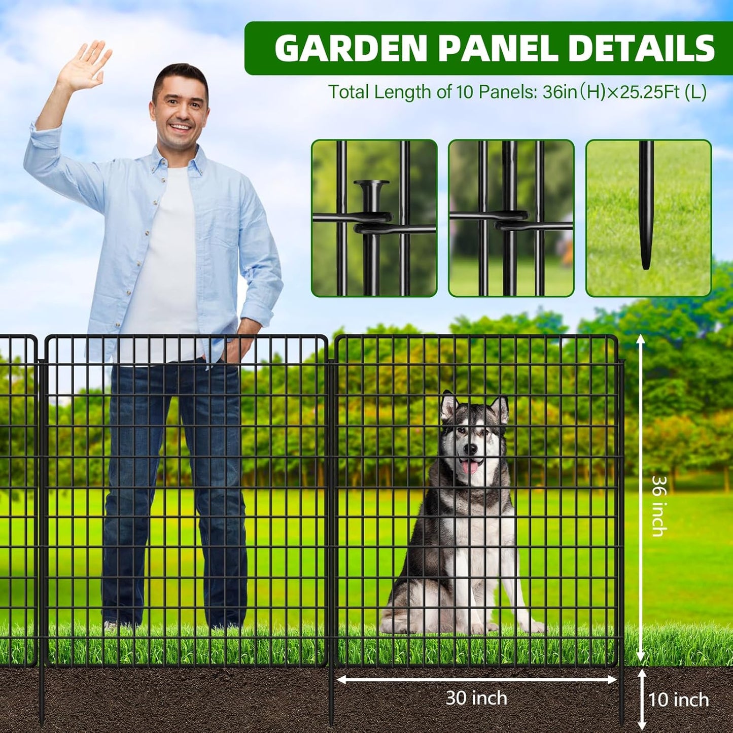 10 Panels Dog Fence Outdoor for Yard, 36 in(H) X 25 ft(L) Decorative Garden Fence Rustproof No Dig Animal Barrier Fencing Metal Wire Panel Border Patio Rabbits Ground Stakes Fencing