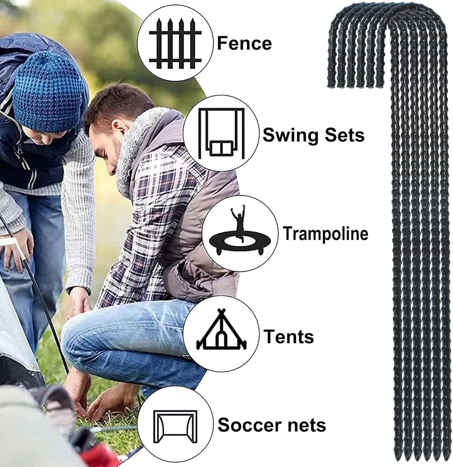 16 Inch Ground Rebar Stakes, J Hook Extra Heavy Duty Rust Proof Coated Steel Ground Anchors with Chisel Point End for Camping Tent and Canopy Tent (8)