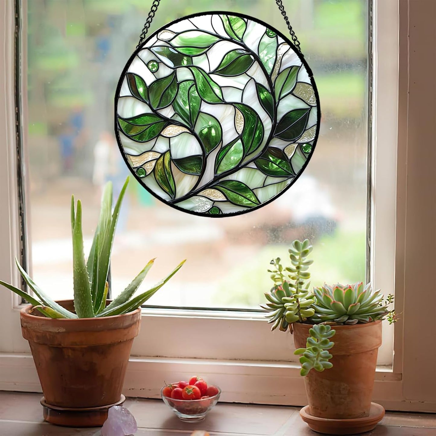 Stained Glass Window Hanging - White Green Leaves Suncatcher for Doors Window Home Plant Sun Catchers Decor Christmas Mother's Day Birthday Gifts for Teacher Women Men Mom Nana 7.8 in