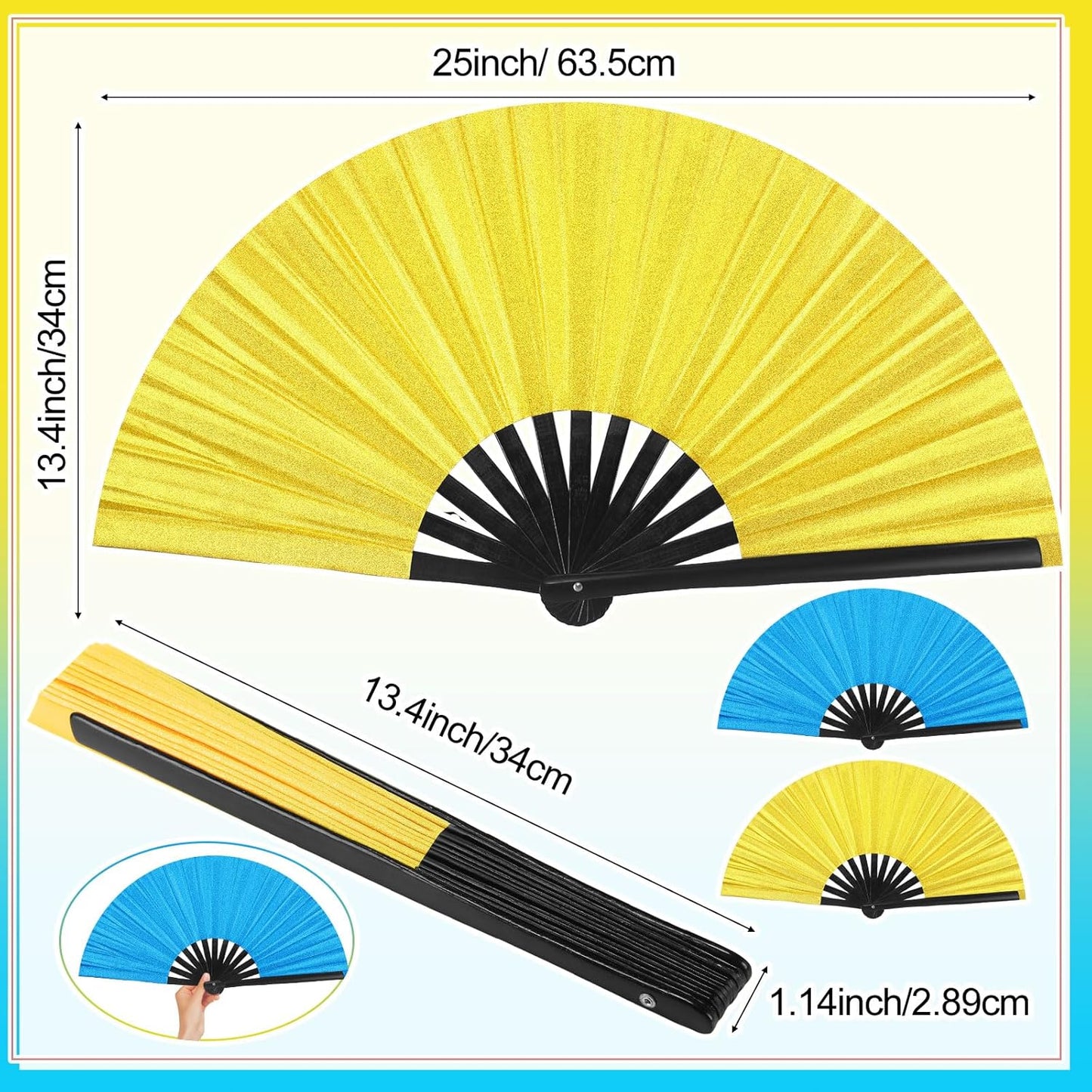 Maitys 2 Packs Large Clap Fans for Line Dancing Large Chinese Folding Hand Fans for Men and Women, Festival, Tai Ji, Kungfu, Martial Art, Gifts (Glitter Yellow and Blue)