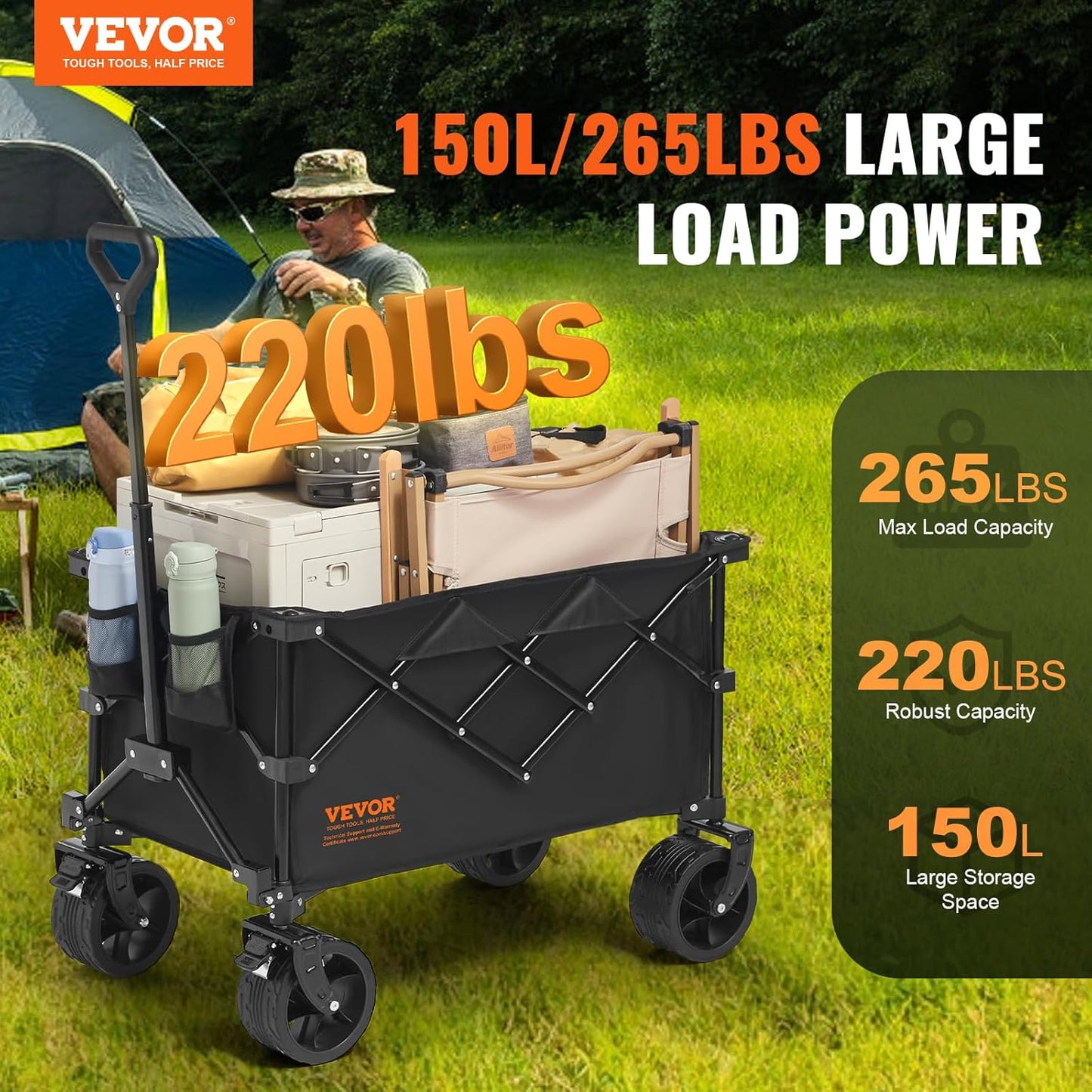 VEVOR 350LBS Collapsible Folding Outdoor Utility Wagon, 150L Heavy Duty Foldable Wagon Cart for Grocery Camping, Portable Utility Beach Wagon with Big Wheels for Garden Sports 35 x 21.3 x 42.5 in