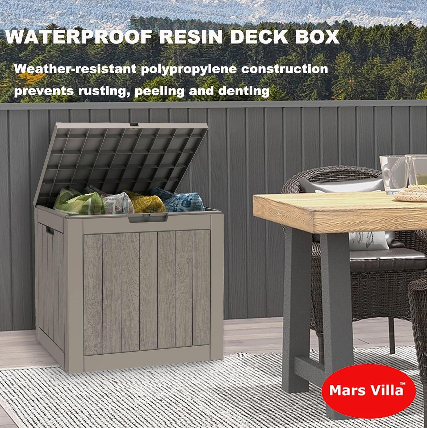 Mars Villa 31 Gallon Deck Box, Outdoor Storage Box Waterproof, Outside Resin Storage Bin for Outdoor Patio Furniture Cushions, Pool Supplies, Garden Tools, UV-Resistant and Weatherproof, Light Brown