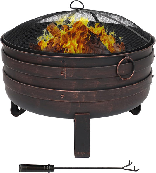 Sunnydaze 24-Inch Heavy-Duty Steel Cauldron Fire Pit - Includes Spark Screen and Protective Cover - Brushed Bronze