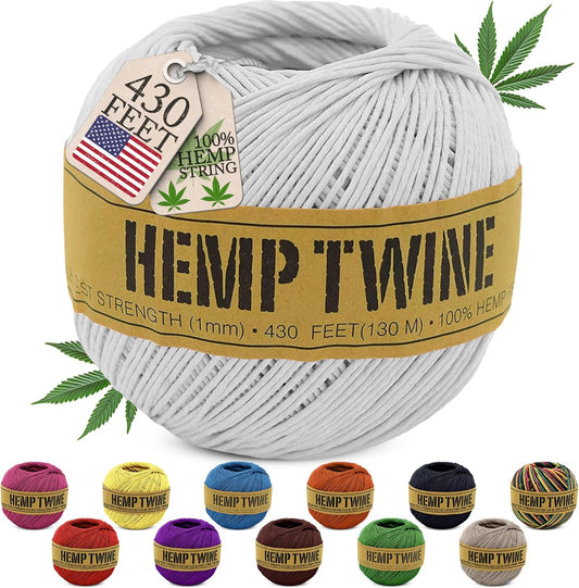 Hemp Twine for Gardening - Twine for Crafts - Organic Natural Hemp String for Jewelry Making - Strong Durable Cord for Decoration, Macrame + Cooking - 1MM, 100G/430 Ft. - 20 lb. Test Strength - White