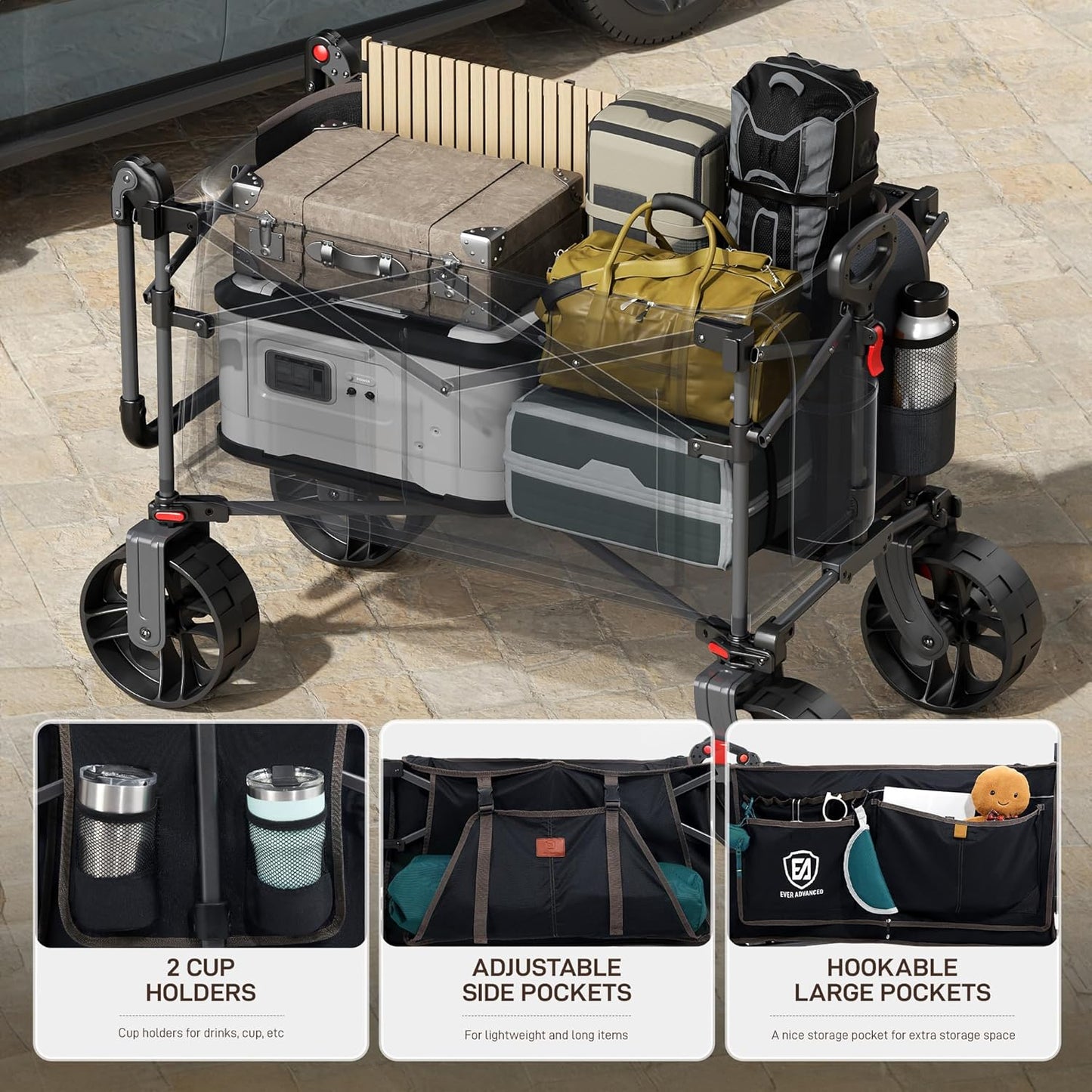 EVER ADVANCED Folding Push Wagon with Brakes, Portable Shopping Cart, Collapsible Wagon Cart with All-Terrain Big Wheels for Camping, Beach, Sports