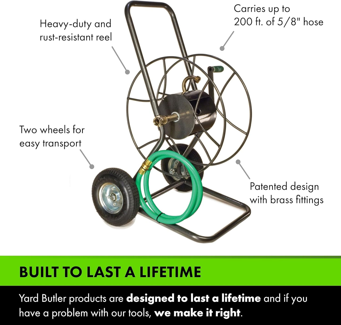 Yard Butler Hose Reel Cart with Wheels Heavy Duty 200 Foot Metal Hose Reel Suitable for Gardens, Lawns and Outdoor - IHT-2EZ