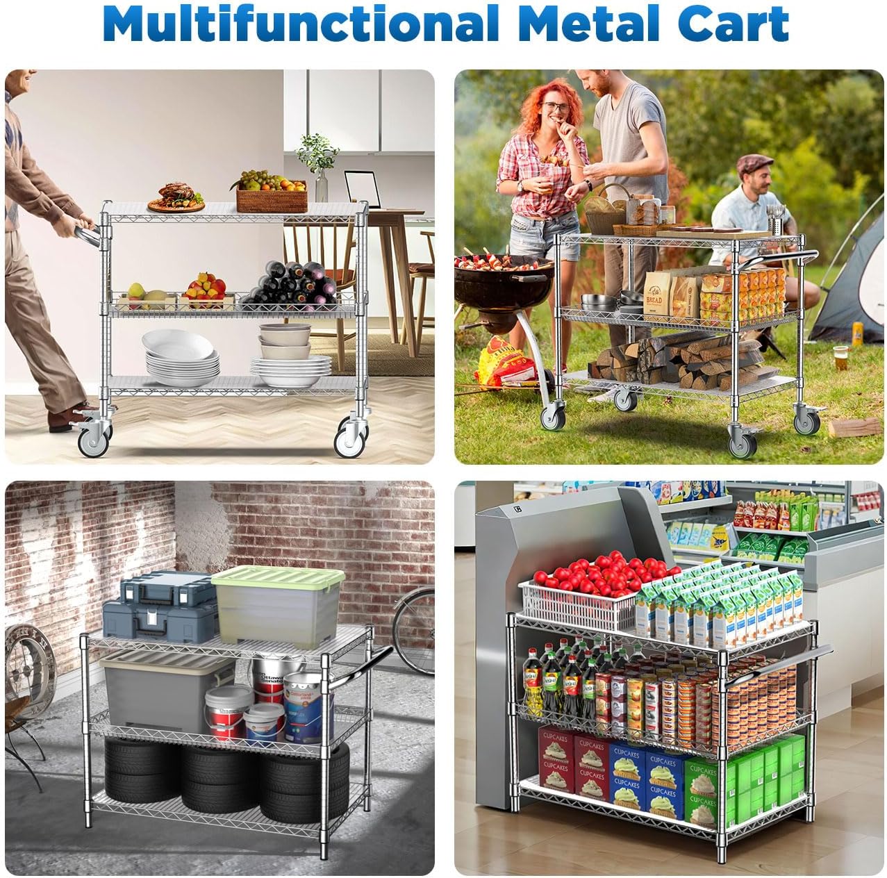 Leteuke 1120LBS Heavy Duty Rolling Utility Cart,3 Tier Rolling Carts with Wheels,NSF Commercial Grade with Handle Bar & Shelf Liners,45"x25"x39"Storage Cart for Kitchen,Restaurant,Plant Display,Chrome